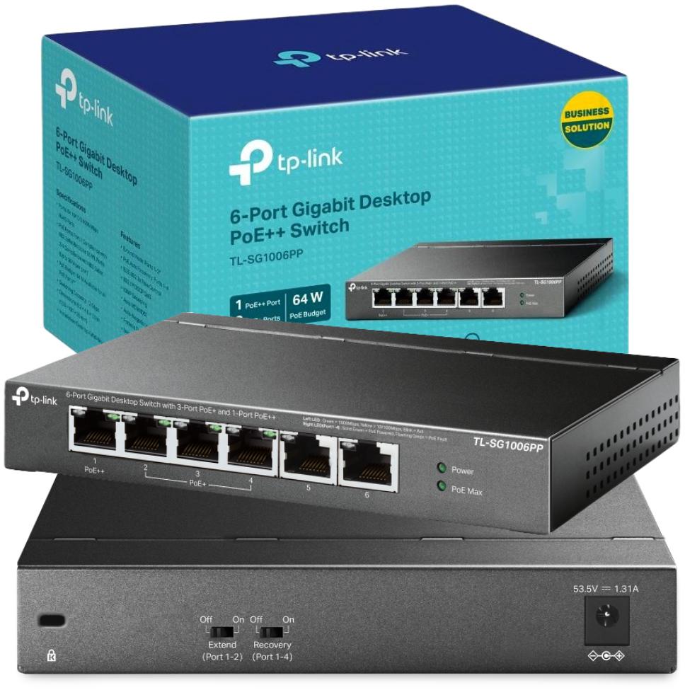Gigabitowy przełącznik typu Desktop, 6 portów, w tym 3 porty PoE+ i 1 port PoE++ TP-Link TL-SG1006PP - najważniejsze cechy: