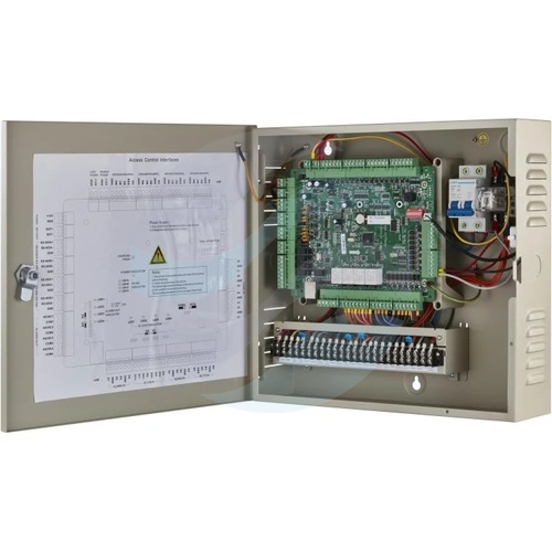 Hikvision DS-K2604T Kontroler dostępu sieciowy 4-drzwiowy, TCP/IP, do 4 czytników Wiegand i 8 czytników RS-485/OSDP, pamięć 100 000 kart / 300 000 zdarzeń, 4x przekaźnik zamka NO/NC, 4x przekaźnik alarmowy NO/NC, wejścia alarmowe, obudowa z zasilaczem 3