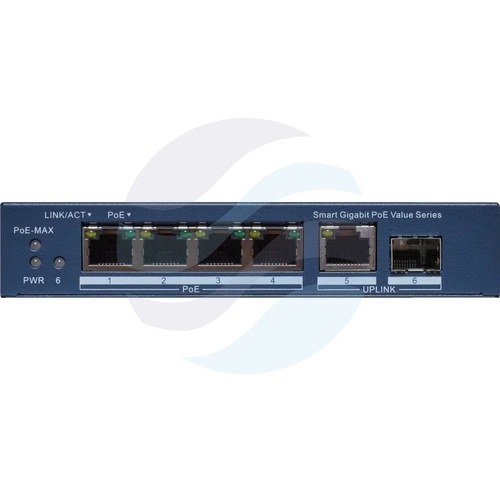 Hikvision DS-3E1506P-EI/M-4P1T1F Switch PoE zarządzalny 4x Gigabit PoE + 1x Gigabit RJ45 + 1x Gigabit SFP, budżet 45W, PoE Watchdog, Long Range 300m 5