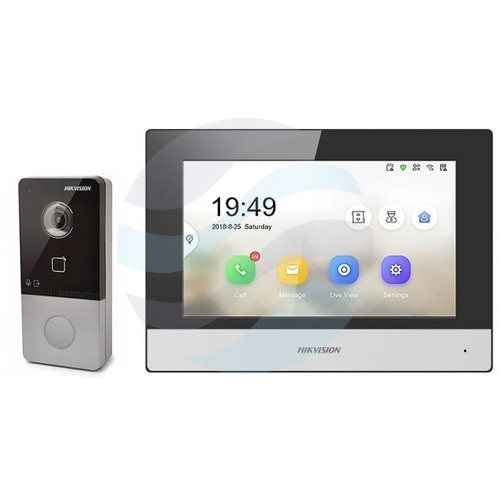 Hikvision DS-KIS603-P(C) Zestaw wideodomofonowy IP 1-rodzinny, kamera 2Mpx Full HD, kąt 131°, monitor dotykowy 7 cali 1024x600, Wi-Fi, PoE, czytnik Mifare, Hik-Connect, IP65, natynkowy 15