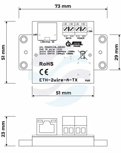 ATTE ETH-2wire-A-SET2 Zestaw do transmisji Ethernet 10/100Mbps i PoE po 2 przewodach, PoE OUT at/bt, zasięg do 800m, złącza RJ45 / śrubowe, ETH-2wire-A-RX2 okrągłe PCB 6
