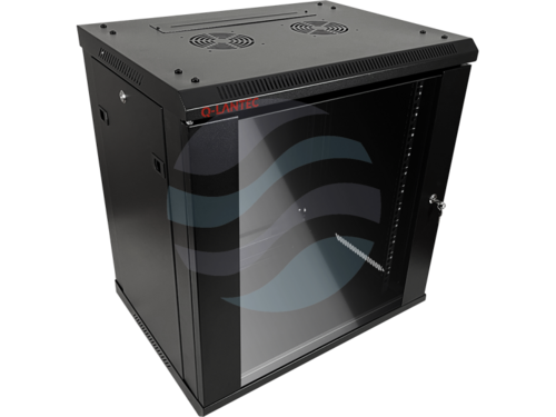 Q-LANTEC Szafa wisząca 19" 12U 600x450, niedzielona, drzwi szklane jednoskrzydłowe, FLAT PACK, czarna 2