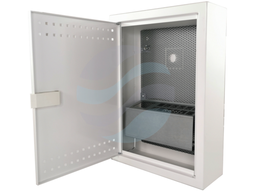 ALANTEC Szafka mieszkaniowa, teletechniczna, FTTH 350x250x90, natynkowa, drzwi perforowane, 1x gn. elektryczne, 14x keystone 2