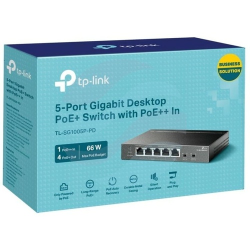 TP-Link SG1005P-PD, Switch gigabitowy zewnętrzny PoE 5x 10/100/1000Mb/s (1x PoE++ IN, 4x PoE+ OUT), 66W, desktop 2