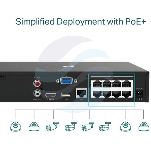 TP-Link VIGI NVR1008H-8P Rejestrator 8-kanałowy IP z PoE+ max. 8Mpx, 80/60 Mb/s, 8x PoE+, 1x HDMI (4K), 1x VGA, 1x SATA max. 10TB, 2x USB, H.265+ 3