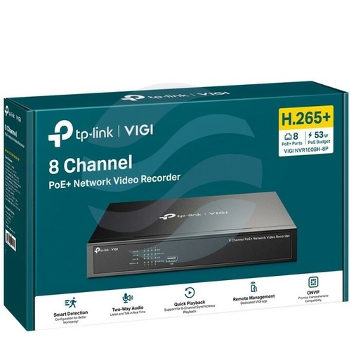 TP-Link VIGI NVR1008H-8P Rejestrator 8-kanałowy IP z PoE+ max. 8Mpx, 80/60 Mb/s, 8x PoE+, 1x HDMI (4K), 1x VGA, 1x SATA max. 10TB, 2x USB, H.265+ 6