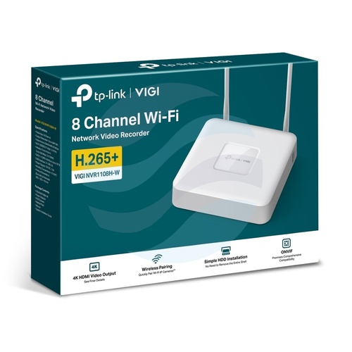 TP-Link VIGI NVR1108H-W Rejestrator 8-kanałowy IP z WiFi max. 8Mpx, 80/60 Mb/s, 1x HDMI (4K), 1x VGA, 1x SATA max. 10TB, 2x USB, Wi-Fi, H.265+ 4