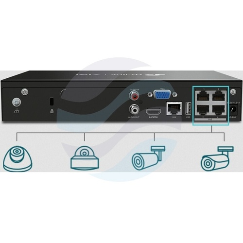 TP-Link VIGI NVR1004H-4P Rejestrator 4-kanałowy IP z PoE+ max. 8Mpx, 80/60 Mb/s, 4x PoE+, 1x HDMI (4K), 1x VGA, 1x SATA max. 10TB, 2x USB, H.265+ 3