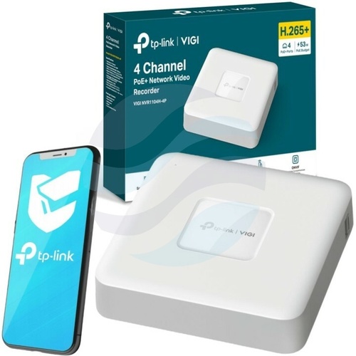 TP-Link VIGI NVR1104H-4P Rejestrator 4-kanałowy IP z PoE+ max. 8Mpx, 80/60 Mb/s, 4x PoE+, 1x HDMI (4K), 1x VGA, 1x SATA max. 10TB, 2x USB, H.265+ 2
