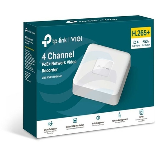 TP-Link VIGI NVR1104H-4P Rejestrator 4-kanałowy IP z PoE+ max. 8Mpx, 80/60 Mb/s, 4x PoE+, 1x HDMI (4K), 1x VGA, 1x SATA max. 10TB, 2x USB, H.265+ 5