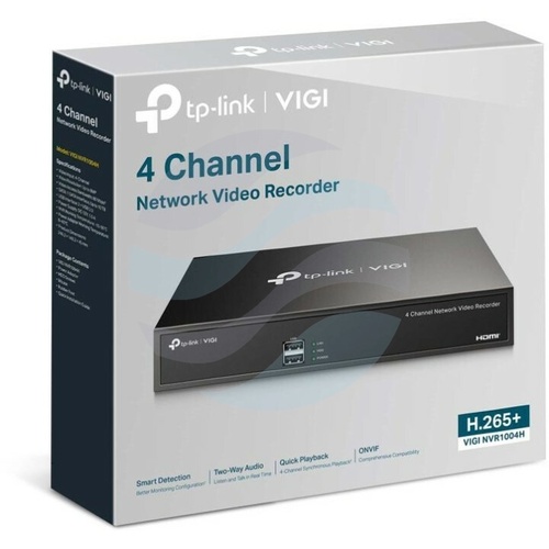 TP-Link VIGI NVR1004H Rejestrator 4-kanałowy IP max. 8Mpx, 80/60 Mb/s, 1x HDMI (4K), 1x VGA, 1x SATA max. 10TB, 2x USB, H.265+ 2