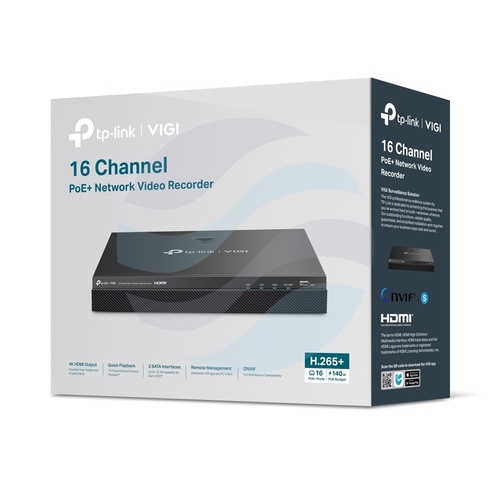 TP-Link VIGI NVR2016H-16MP Rejestrator 16-kanałowy IP max. 8Mpx, 80/60 Mb/s, 1x HDMI (4K), 1x VGA, 2x SATA max. 20TB, 2x USB, 1x eSATA, H.265+ 4