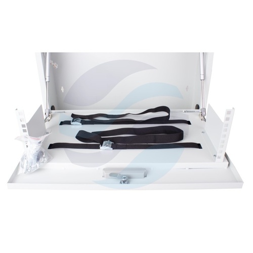 GETFORT Szafka CCTV multimedialna 19" 3U, wisząca pionowa, metalowa 580x500x180, drzwi opuszczane, przepust kablowy i szczotkowy, pasy, szara 8