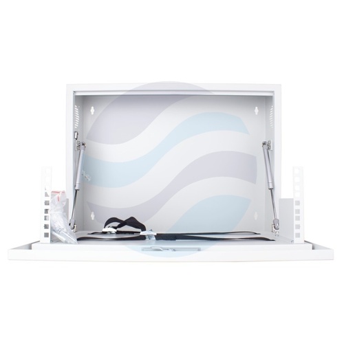 GETFORT Szafka CCTV multimedialna 19" 3U, wisząca pionowa, metalowa 580x500x180, drzwi opuszczane, przepust kablowy i szczotkowy, pasy, szara 9