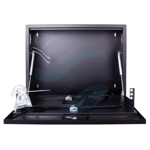 GETFORT Szafka CCTV multimedialna 19" 2U, wisząca pionowa, metalowa 580x500x130, drzwi opuszczane, przepust kablowy i szczotkowy, pasy, czarna 2
