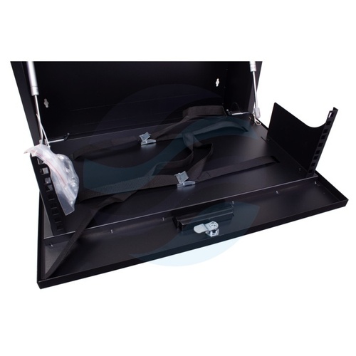 GETFORT Szafka CCTV multimedialna 19" 3U, wisząca pionowa, metalowa 600*540*255, drzwi opuszczane, przepust kablowy i szczotkowy, pasy, VESA, czarna 4