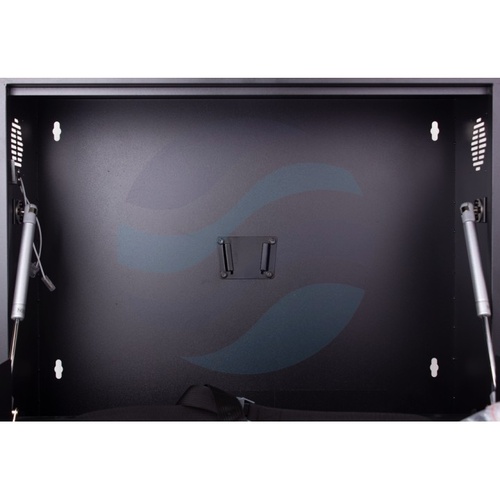 GETFORT Szafka CCTV multimedialna 19" 3U, wisząca pionowa, metalowa 600*540*255, drzwi opuszczane, przepust kablowy i szczotkowy, pasy, VESA, czarna 7