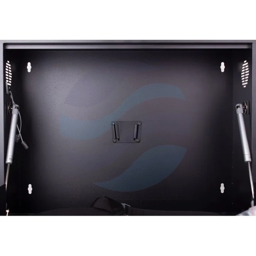 GETFORT Szafka CCTV multimedialna 19" 2U 600*540*210, drzwi opuszczane, przepust kablowy i szczotkowy, pasy, VESA, czarna 3