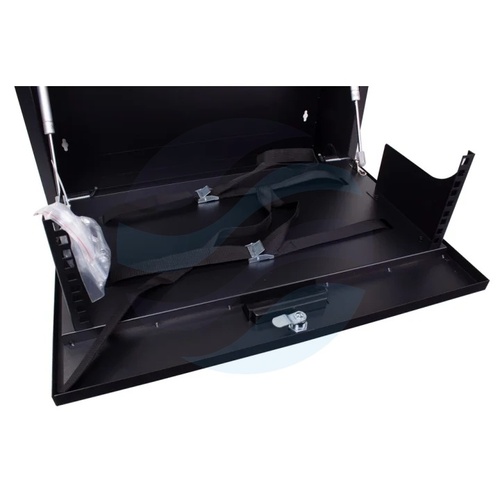 GETFORT Szafka CCTV multimedialna 19" 2U 600*540*210, drzwi opuszczane, przepust kablowy i szczotkowy, pasy, VESA, czarna 6