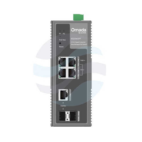 TP-Link IES206GPP Switch przemysłowy Gigabit, 1x PoE++ 60W, 3x PoE+ 30W, 1x SFP/RJ45 Combo, 1x SFP, łączna moc PoE 120W, montaż DIN, redundantne zasilanie 12–57V DC 2