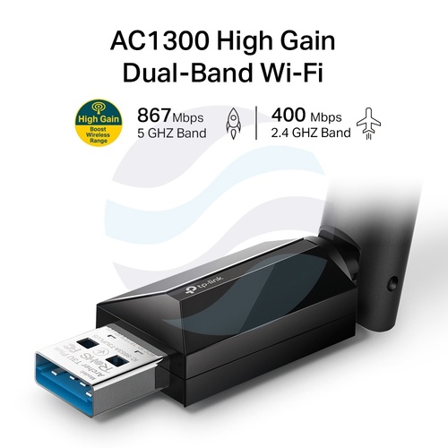 TP-Link Archer T3U Plus Karta sieciowa USB, Wi-Fi AC1300, 2.4/5GHz 400/867Mbps, USB 3.0 + Antena, czarna 3