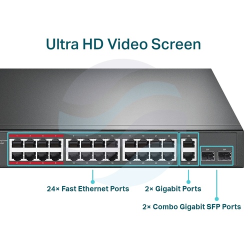 TP-Link TL-SL1226P Switch PoE 24x 10/100Mbps PoE+ 802.3at/af, Combo (2x Gbit, 2x SFP), 250W, metal RACK 19" 6