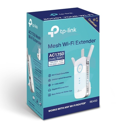 TP-Link RE450 Extender / Wzmacniacz sieci Wi-Fi, standard AC1750, 2,4GHz 450Mbps / 5GHz 1300 Mbps, 1x GIGABIT, 3x anteny zew. 4
