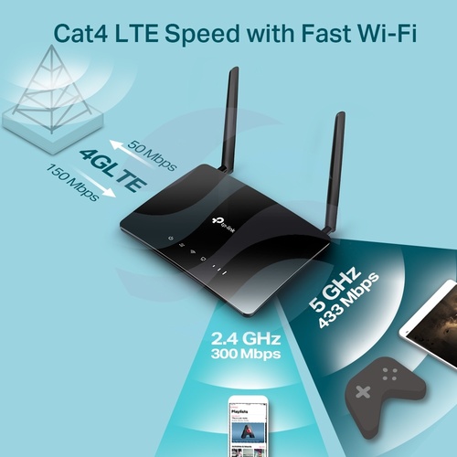 TP-Link Archer MR200 Router 4G LTE Cat4 150/50Mb/s, Wi-Fi AC750 300/433Mb/s 2.4/5GHz, 3x LAN + 1x WAN 10/100Mb/s, 2x anteny zewnętrzne 6