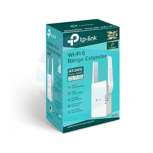 TP-Link RE705X Wzmacniacz sygnału Wi‑Fi AX3000, 574/2402Mb/s, 2.4/5GHz 160MHz, 1x Gigabit RJ45, MU-MIMO, OFDMA, EasyMesh, Repeater/AP, biały 3