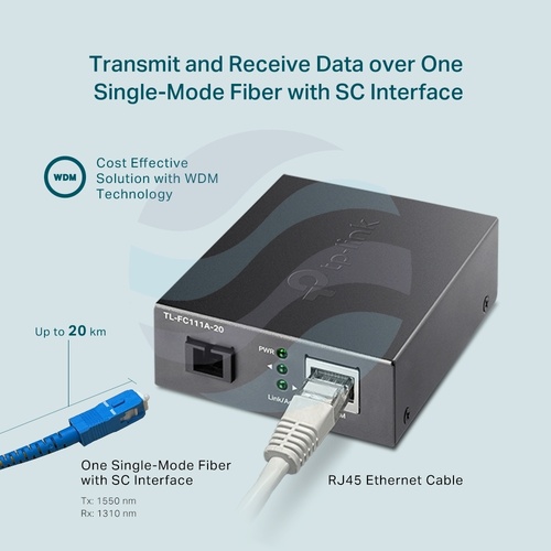 TP-Link TL-FC111A-20 Media konwerter WDM 10/100Mb/s, 1x RJ45, 1x SC singlemode 1550nm TX/1310nm RX, do 20km 5