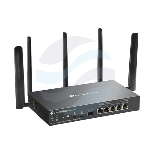 TP-Link ER706WP-4G Router Wi-Fi 6 4G+ Cat6 AX3000 Omada, 574/2402 Mb/s, 2,4/5 GHz, 3×4,5/3×5,5 dBi, 1× SFP Gigabit, 1× WAN Gigabit, 4× WAN/LAN Gigabit PoE+, 2× Nano SIM, zasilacz 53,5 V 1,31 A w zestawie, czarny 3