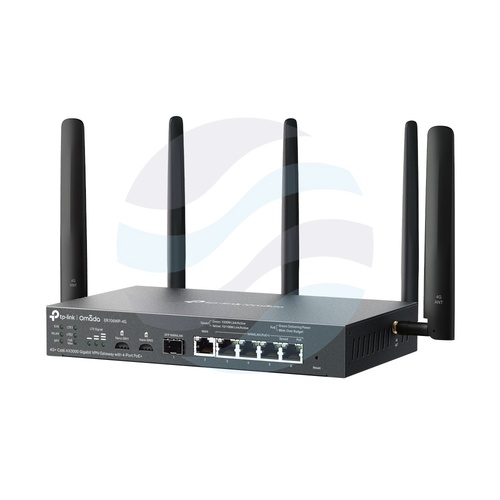 TP-Link ER706WP-4G Router Wi-Fi 6 4G+ Cat6 AX3000 Omada, 574/2402 Mb/s, 2,4/5 GHz, 3×4,5/3×5,5 dBi, 1× SFP Gigabit, 1× WAN Gigabit, 4× WAN/LAN Gigabit PoE+, 2× Nano SIM, zasilacz 53,5 V 1,31 A w zestawie, czarny 4