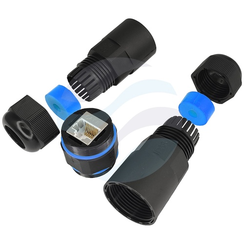 Mufa / Puszka połączeniowa sieciowa RJ45-RJ45 kat.6, STP/FTP max. 8mm, IP68 z dławikami, prosta czarna 2