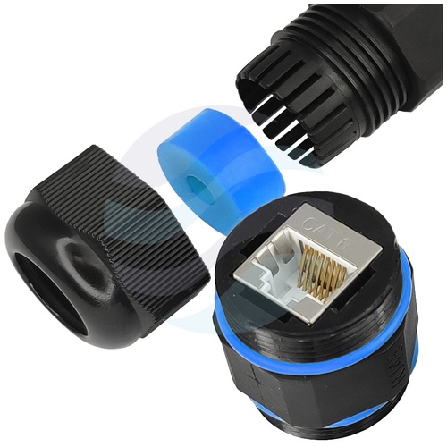 Mufa / Puszka połączeniowa sieciowa RJ45-RJ45 kat.6, STP/FTP max. 8mm, IP68 z dławikami, prosta czarna 5