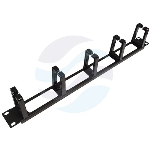 Organizator kabli poziomy 19" 1U z otworami, 5x uchwyt plastikowy oczkowy, mocowanie doczołowe, stal + plastik ABS, wym. 482x44x80mm, czarny 2