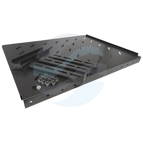 Półka stała 19" 1U, głębokość 350mm, montaż doczołowy przód/tył, regulowana 350-580mm, udźwig do szafy 600mm, perforowana, stal 1mm, czarna 4