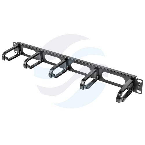 LANBERG AK-1205-B Organizator kabli poziomy 19" 1U z otworami, 5x uchwyt plastikowy oczkowy, gł. uchwytu 76mm, otwory w podstawie, mocowanie doczołowe, stal + plastik ABS, wym. 482.6x80x44.45mm, czarny 2