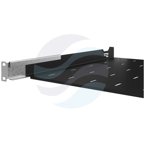 Półka stała 19" 1U 450mm, montaż doczołowy przód/tył, regulowana 450-610mm, 4-punktowa, udźwig 40kg, czarna 3