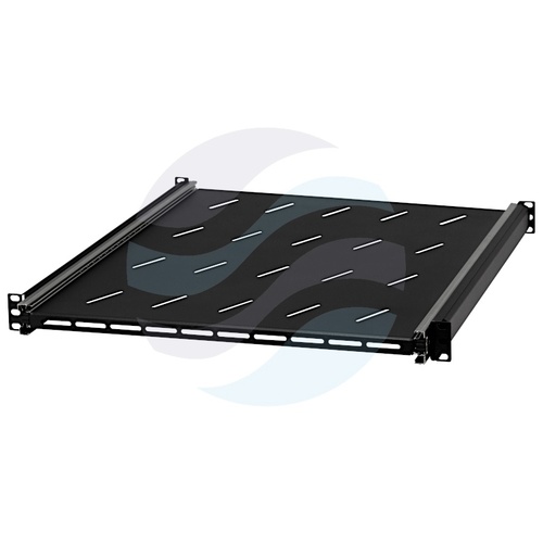 Półka wysuwana 19" 1U 550mm, montaż doczołowy przód/tył, regulowana 550-900mm, łożyska kulkowe, udźwig 15kg, czarna 2