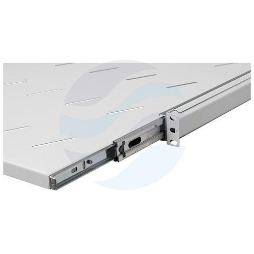 Półka wysuwana 19" 1U 550mm, montaż doczołowy przód/tył, regulowana 550-900mm, łożyska kulkowe, udźwig 15kg, szara 3