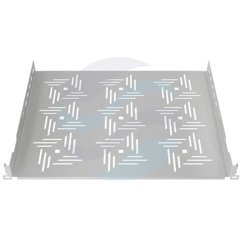 Półka stała 19" 1U z otworami, głębokość 350mm, montaż doczołowy do przednich belek, perforowana, wym. 489x52x350mm, udźwig 15kg, stal 1mm, szara 5