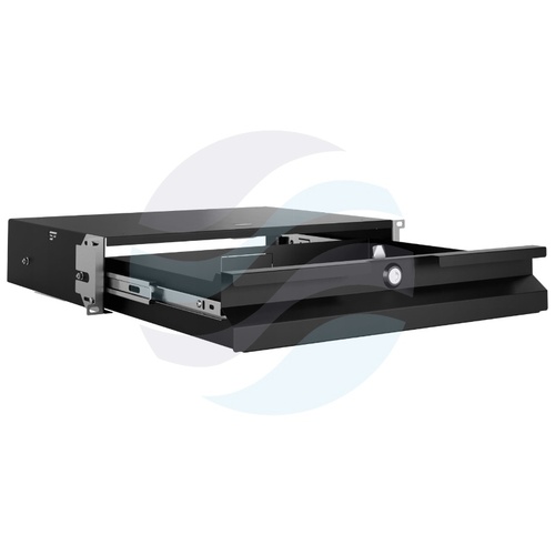 Szuflada zamykana Rack 19" 2U 320mm wysuwana, zamek z kluczem, przepust kablowy, regulacja ±40mm, nośność 20kg, czarna 4