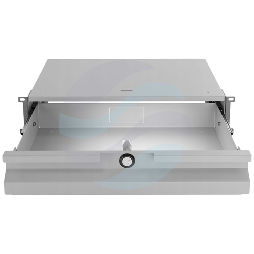 Szuflada zamykana Rack 19" 2U 320mm wysuwana, zamek z kluczem, przepust kablowy, regulacja ±40mm, nośność 20kg, szara 6