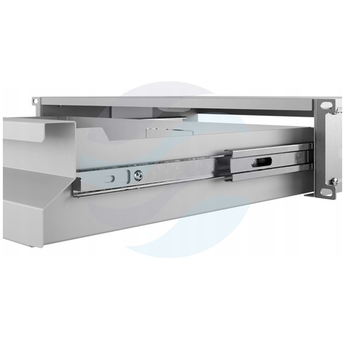 Szuflada zamykana Rack 19" 2U 320mm wysuwana, zamek z kluczem, przepust kablowy, regulacja ±40mm, nośność 20kg, szara 9