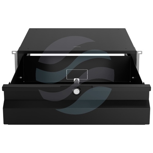 Szuflada zamykana Rack 19" 3U 320mm wysuwana, zamek z kluczem, wyłamywany przepust kablowy, nośność 20kg, czarna 4