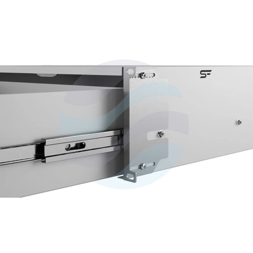 Szuflada zamykana Rack 19" 3U 320mm wysuwana, zamek z kluczem, przepust kablowy, regulacja ±40mm, nośność 20kg, szara 5
