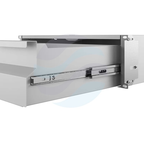 Szuflada zamykana Rack 19" 3U 320mm wysuwana, zamek z kluczem, przepust kablowy, regulacja ±40mm, nośność 20kg, szara 6