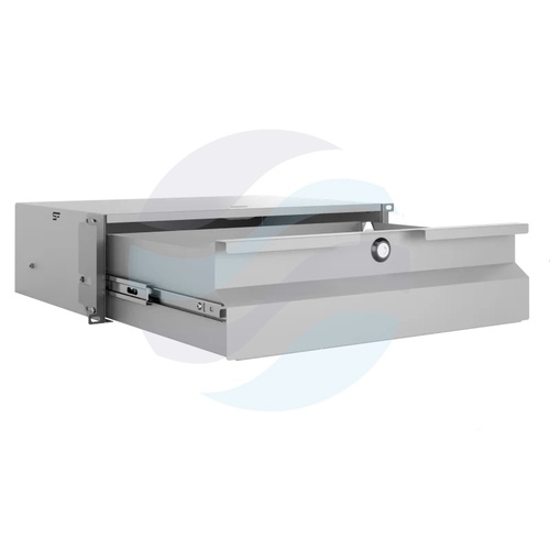Szuflada zamykana Rack 19" 3U 320mm wysuwana, zamek z kluczem, przepust kablowy, regulacja ±40mm, nośność 20kg, szara 10