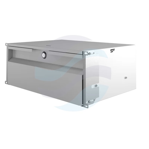Szuflada zamykana Rack 19" 4U 320mm wysuwana, zamek z kluczem, wyłamywany przepust kablowy, regulacja ±40mm, nośność 15kg, szara 2