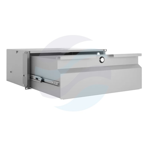 Szuflada zamykana Rack 19" 4U 320mm wysuwana, zamek z kluczem, wyłamywany przepust kablowy, regulacja ±40mm, nośność 15kg, szara 9